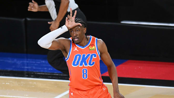 Dec 14, 2024; Las Vegas, Nevada, USA; Oklahoma City Thunder forward Jalen Williams (8) reacts during the third quarter against the Houston Rockets in a semifinal of the 2024 Emirates NBA Cup at T-Mobile Arena. Mandatory Credit: Candice Ward-Imagn Images Dec 14, 2024; Las Vegas, Nevada, USA; Oklahoma City Thunder forward Jalen Williams (8) reacts during the third quarter against the Houston Rockets in a semifinal of the 2024 Emirates NBA Cup at T-Mobile Arena. Mandatory Credit: Candice Ward-Imagn Images