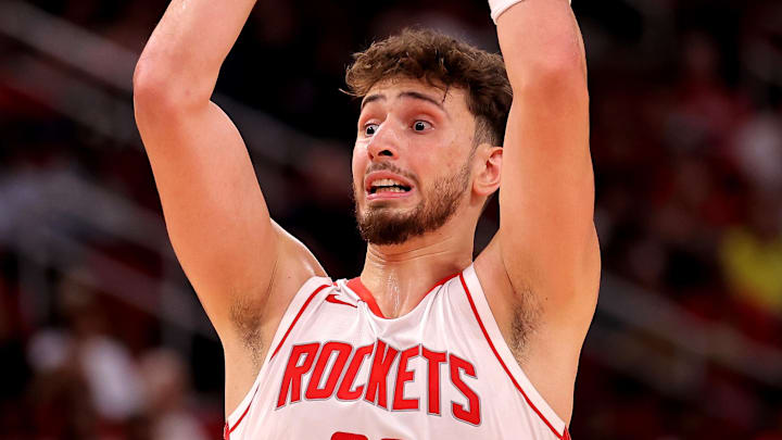 Oct 15, 2024; Houston, Texas, USA; Houston Rockets center Alperen Sengun (28) handles the ball against the New Orleans Pelicans during the fourth quarter at Toyota Center. Mandatory Credit: Erik Williams-Imagn Images
