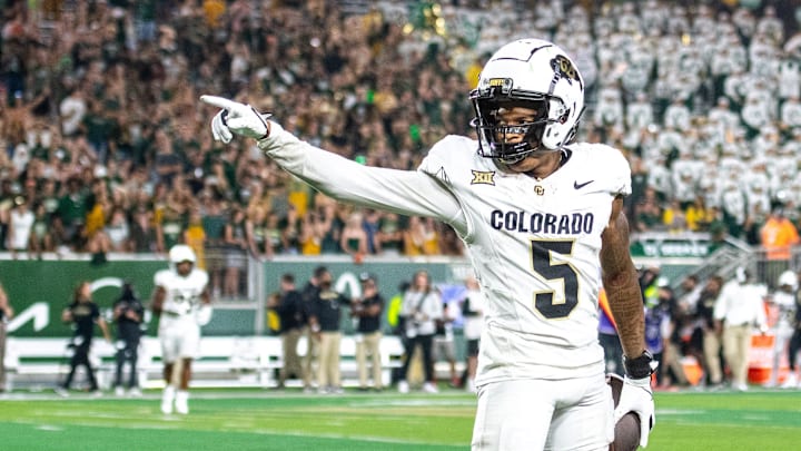 CU football wide receiver Jimmy Horn Jr. signals for a first down after making an acrobatic catch that would later get overturned due to a holding penalty against CSU in the Rocky Mountain Showdown at Canvas Stadium on Saturday, Sept. 14, 2024, in Fort Collins, Colo.