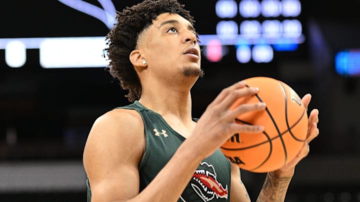 Mar 21, 2024; Spokane, WA, USA; University of Alabama at Birmingham Blazers forward Yaxel Lendeborg (3) practices at Spokane Veterans Memorial Arena. Mandatory Credit: James Snook-Imagn Images