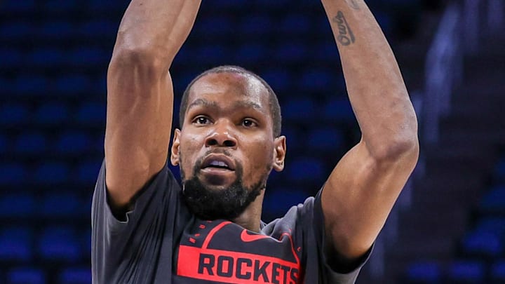Feb 26, 2026; Orlando, Florida, USA; Houston Rockets forward Kevin Durant (7) warms up before the game against the Orlando Magic at Kia Center. Mandatory Credit: Mike Watters-Imagn Images