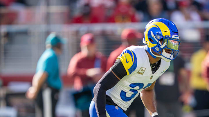 November 9, 2025; Santa Clara, California, USA; Los Angeles Rams safety Quentin Lake (37) warms up before the game against the San Francisco 49ers at Levi's Stadium. Mandatory Credit: Kyle Terada-Imagn Images