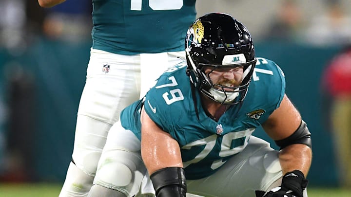 Jacksonville Jaguars quarterback Mac Jones (10) gives instructions to the offensive line while lined up behind center Luke Fortner (79) during early second quarter action. The Jacksonville Jaguars hosted the Tampa Bay Buccaneers at EverBank Stadium for the Jaguars second preseason game of the season Saturday. Jacksonville Jaguars quarterback Mac Jones (10) gives instructions to the offensive line while lined up behind center Luke Fortner (79) during early second quarter action. The Jacksonville Jaguars hosted the Tampa Bay Buccaneers at EverBank Stadium for the Jaguars second preseason game of the season Saturday.