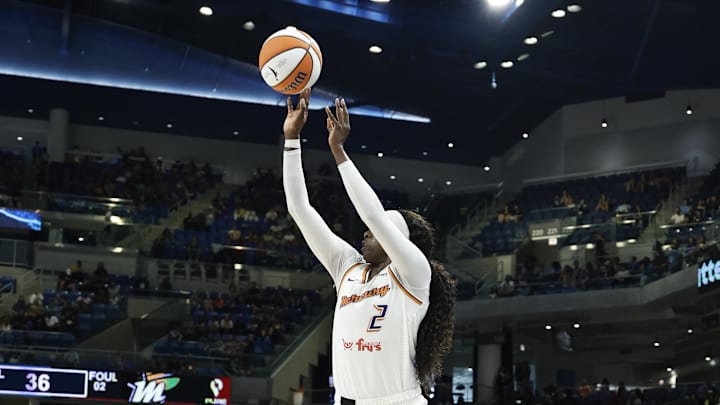 Aug 3, 2025; Chicago, Illinois, USA; Phoenix Mercury guard Kahleah Copper (2) shoots against the Chicago Sky during the first half at Wintrust Arena. Mandatory Credit: Kamil Krzaczynski-Imagn Images