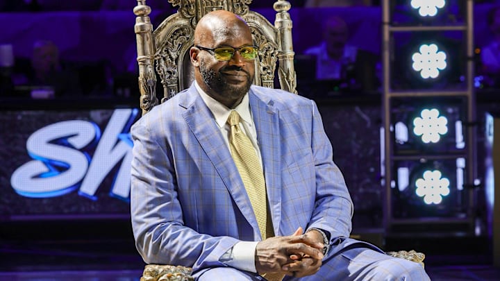 Feb 13, 2024; Orlando, Florida, USA; Shaquille O'Neal during a ceremony to retire his #32 jersey at Amway Center. Mandatory Credit: Mike Watters-Imagn Images