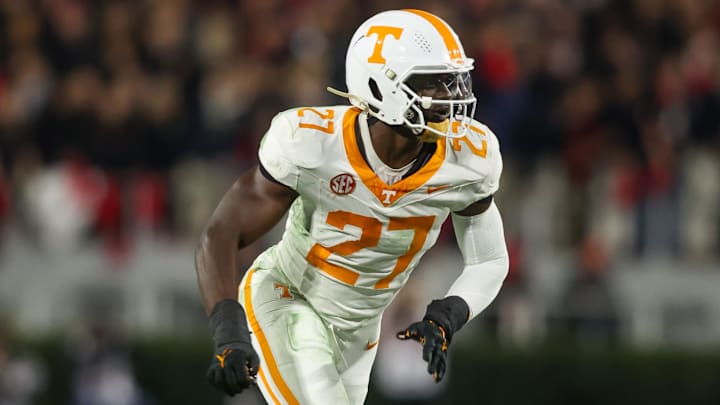 Nov 16, 2024; Athens, Georgia, USA; Tennessee Volunteers defensive lineman James Pearce Jr. (27) rushes the passer against the Georgia Bulldogs in the second quarter at Sanford Stadium. Mandatory Credit: Brett Davis-Imagn Images