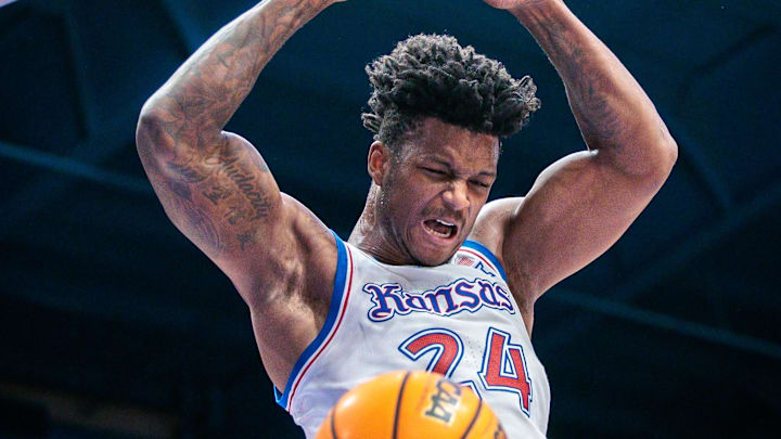 Mar 1, 2025; Lawrence, Kansas, USA; Kansas Jayhawks forward KJ Adams Jr. (24) dunks during the second half against the Texas Tech Red Raiders at Allen Fieldhouse. Mandatory Credit: William Purnell-Imagn Images Mar 1, 2025; Lawrence, Kansas, USA; Kansas Jayhawks forward KJ Adams Jr. (24) dunks during the second half against the Texas Tech Red Raiders at Allen Fieldhouse. Mandatory Credit: William Purnell-Imagn Images