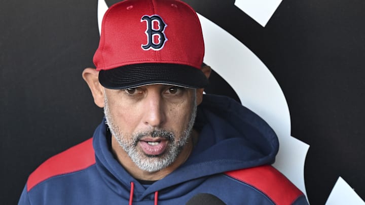 Boston Red Sox manager Alex Cora (13) talks with the media before the teamís game against the Chicago White Sox at Guaranteed Rate Field.