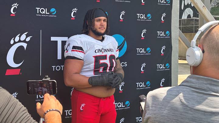 Cincinnati Bearcats Preseason All-American guard Evan Tengesdahl speaks after practice at Nippert Stadium, Aug. 8. Cincinnati Bearcats Preseason All-American guard Evan Tengesdahl speaks after practice at Nippert Stadium, Aug. 8.