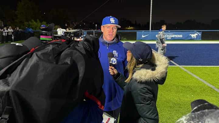 Carson Palmer being interviewed by ABC7 after Santa Margarita defeated Sierra Canyon in the Division 1 quarterfinals.