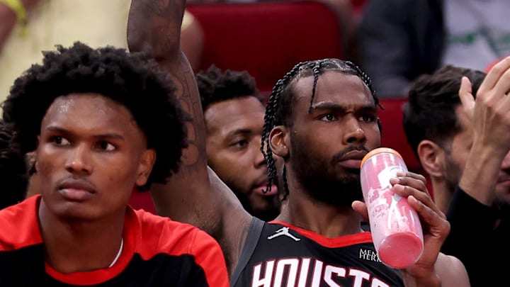 Nov 13, 2024; Houston, Texas, USA; Houston Rockets forward Tari Eason (17) reacts after a basket against the LA Clippers during the third quarter at Toyota Center. Mandatory Credit: Erik Williams-Imagn Images Nov 13, 2024; Houston, Texas, USA; Houston Rockets forward Tari Eason (17) reacts after a basket against the LA Clippers during the third quarter at Toyota Center. Mandatory Credit: Erik Williams-Imagn Images