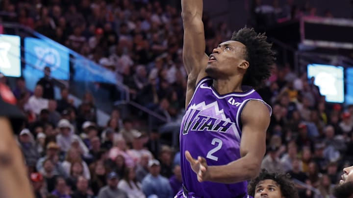 Mar 29, 2024; Salt Lake City, Utah, USA;  Utah Jazz guard Collin Sexton (2) pushes the ball to the
