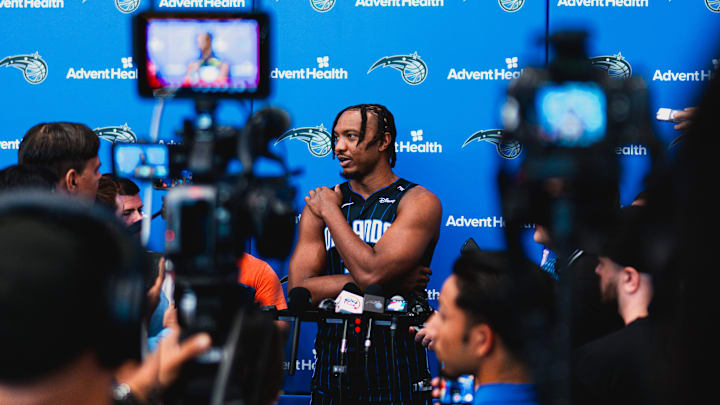 Orlando Magic center Wendell Carter Jr. meets reporters during the Magic's 2024 Media Day.