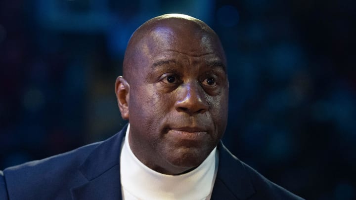 February 20, 2022; Cleveland, Ohio, USA; NBA great Magic Johnson before the 2022 NBA All-Star Game