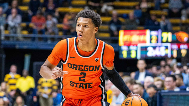 February 22, 2024; Berkeley, California, USA; Oregon State Beavers guard Josiah Lake II (2) dribbles the basketball during the second half against the California Golden Bears at Haas Pavilion. Mandatory Credit: Kyle Terada-Imagn Images