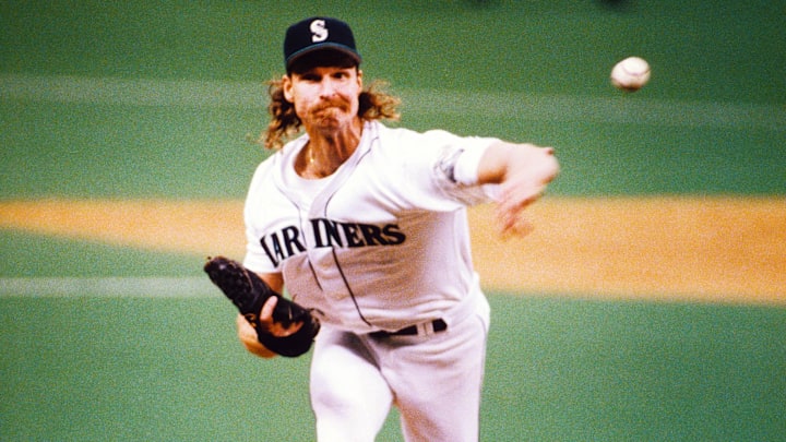 Aug 26,1997; Seattle, WA, USA; FILE PHOTO; Seattle Mariners pitcher Randy Johnson in action on the mound