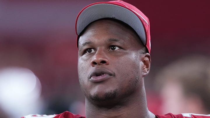 Aug 19, 2023; Glendale, Arizona, USA;  Arizona Cardinals offensive tackle D.J. Humphries (74) looks on against the Kansas City Chiefs at State Farm Stadium. Mandatory Credit: Joe Camporeale-Imagn Images