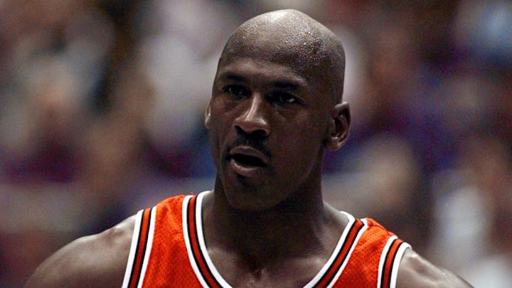 June 5, 1998; Salt Lake City, UT, USA; Chicago Bulls guard Michael Jordan in game two of the 1998 NBA Finals against the Utah Jazz at the Delta Center.  Mandatory Credit: Anne Ryan-USA TODAY