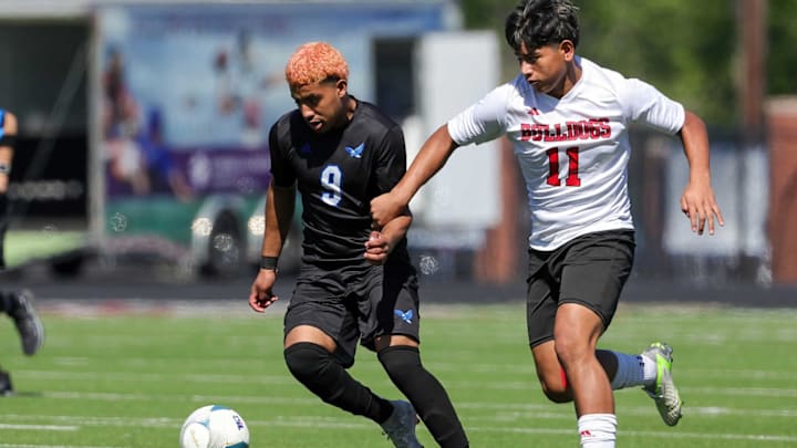 Kilgore's Ruben Rodriguez battles for possession of the ball against Dallas Wilmers-Hutchins. Kilgore is in the Class 4A Division I regional final. 