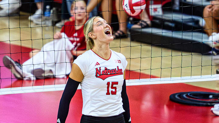Andi Jackson celebrates a kill in the first set. Andi Jackson celebrates a kill in the first set.