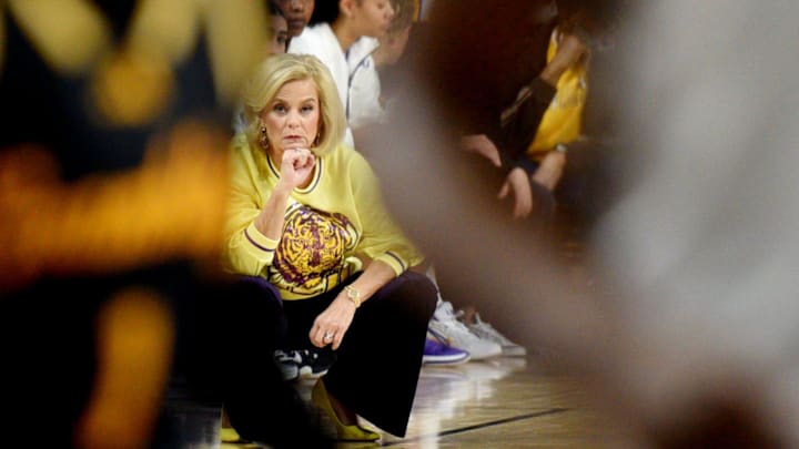 LSU women's basketball coach, Kim Mulkey, during their game against Grambling Sunday afternoon, December 8, 2024, at the Brookshire Grocery Arena in Bossier City, La. Mulkey - one of the top high school scorers of all-time - is recruiting a player who recently passed her on that list. LSU women's basketball coach, Kim Mulkey, during their game against Grambling Sunday afternoon, December 8, 2024, at the Brookshire Grocery Arena in Bossier City, La. Mulkey - one of the top high school scorers of all-time - is recruiting a player who recently passed her on that list.