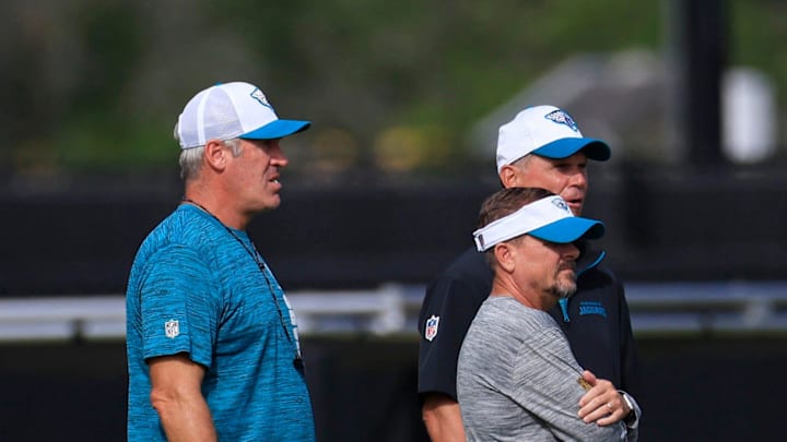Jacksonville Jaguars head coach Doug Pederson, left clockwise, Manager Trent Baalke and Jeff Ferguson, Vice President of player health and performance, look on during the third day of an NFL football training camp practice Friday, July 26, 2024 at EverBank Stadium’s Miller Electric Center in Jacksonville, Fla.