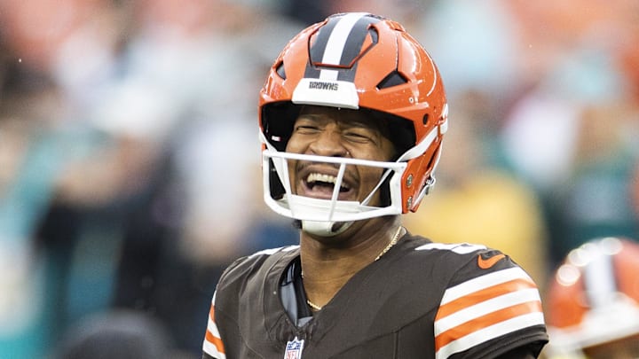 Dec 29, 2024; Cleveland, Ohio, USA; Cleveland Browns quarterback Jameis Winston (5) laughs during warm ups before the game against the Miami Dolphins at Huntington Bank Field. Mandatory Credit: Scott Galvin-Imagn Images