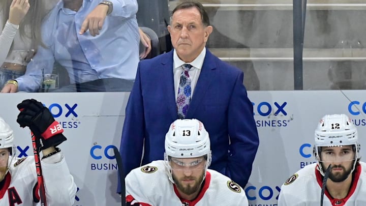Dec 19, 2023; Tempe, Arizona, USA; Ottawa Senators interim head coach Jacques Martin looks on in the