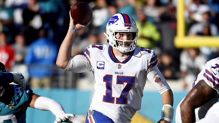 Nov 7, 2021; Jacksonville, Florida, USA; Buffalo Bills quarterback Josh Allen (17) looks to throw