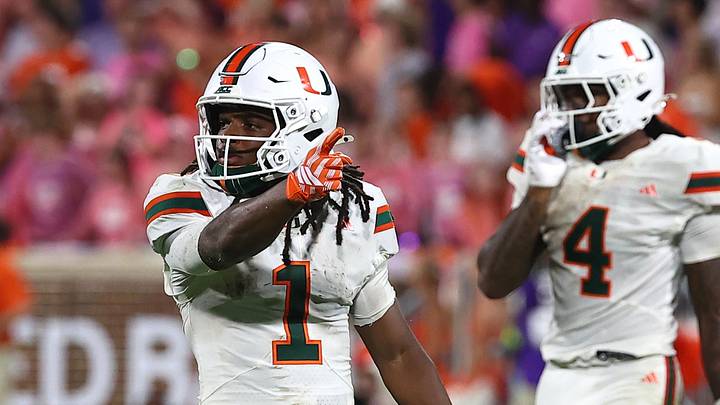 Oct 3, 2026; Clemson, South Carolina, USA;  Miami Hurricanes wide receiver Malachi Toney (1) celebrates a first down during the third quarteragainst the Clemson Tigers at Memorial Stadium.  Mandatory Credit: Ashley Tumlin-Imagn Images