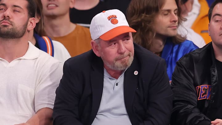 May 19, 2024; New York, New York, USA; New York Knicks executive chairman James Dolan sits court side during the first quarter of game seven of the second round of the 2024 NBA playoffs against the Indiana Pacers at Madison Square Garden. Mandatory Credit: Brad Penner-Imagn Images