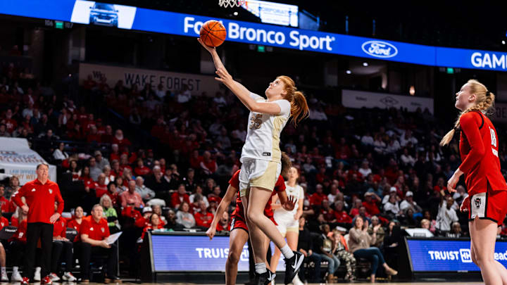Wake Forest's Grace Galbavy (35) goes for a layup against the NC State Wolfpack, Jan. 15, 2026.