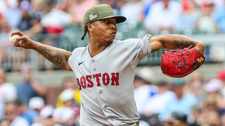 May 17, 2026; Cumberland, Georgia, USA; Boston Red Sox pitcher Brayan Bello (66) pitches the ball against the Atlanta Braves during the first inning at Truist Park. Mandatory Credit: Jordan Godfree-Imagn Images