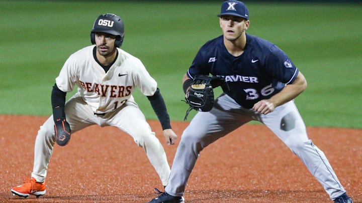 Oregon State's Jacob Galloway, left, and Xavier's Josh Stonehouse wait for the pitch during an NCAA college baseball game at Goss Stadium on Friday, March 6, 2026, in Corvallis, Ore. Oregon State's Jacob Galloway, left, and Xavier's Josh Stonehouse wait for the pitch during an NCAA college baseball game at Goss Stadium on Friday, March 6, 2026, in Corvallis, Ore.