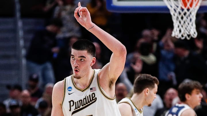 Purdue center Zach Edey (15) celebrates a play against Gonzaga during the second half of the NCAA