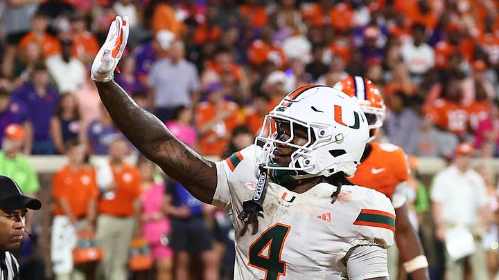 Oct 3, 2026; Clemson, South Carolina, USA; Miami Hurricanes running back Mark Fletcher Jr. (4) celebrates after going over the top for a touch down during the fourth quarter against the Clemson Tigers at Memorial Stadium. Mandatory Credit: Ashley Tumlin-Imagn Images Oct 3, 2026; Clemson, South Carolina, USA; Miami Hurricanes running back Mark Fletcher Jr. (4) celebrates after going over the top for a touch down during the fourth quarter against the Clemson Tigers at Memorial Stadium. Mandatory Credit: Ashley Tumlin-Imagn Images