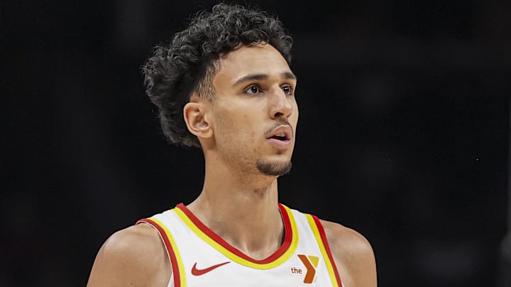 Zaccharie Risacher #10 of the Atlanta Hawks looks on against the Orlando Magic.