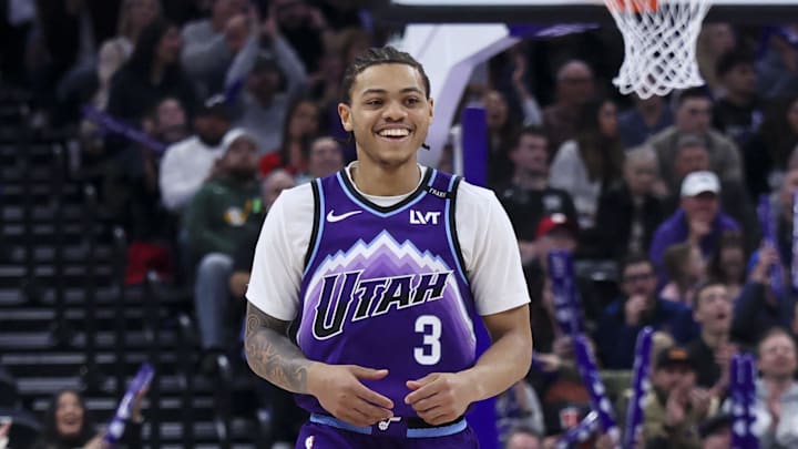 Jan 30, 2026; Salt Lake City, Utah, USA; Utah Jazz guard Keyonte George (3) reacts after a three point basket against the Brooklyn Nets during the second half at Delta Center. Mandatory Credit: Rob Gray-Imagn Images Jan 30, 2026; Salt Lake City, Utah, USA; Utah Jazz guard Keyonte George (3) reacts after a three point basket against the Brooklyn Nets during the second half at Delta Center. Mandatory Credit: Rob Gray-Imagn Images