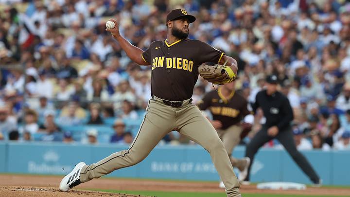 Jul 2, 2026; Los Angeles, California, USA; San Diego Padres pitcher Randy Vasquez (98) pitches against the Los Angeles Dodgers in the first inning at Dodger Stadium. Mandatory Credit: William Navarro-Imagn Images Jul 2, 2026; Los Angeles, California, USA; San Diego Padres pitcher Randy Vasquez (98) pitches against the Los Angeles Dodgers in the first inning at Dodger Stadium. Mandatory Credit: William Navarro-Imagn Images