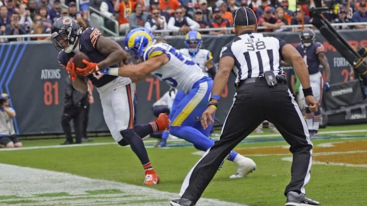 DJ Moore gets his feet down for the touchdown against the Rams in last year's game at Soldier Field, a 24-18 Bears win.