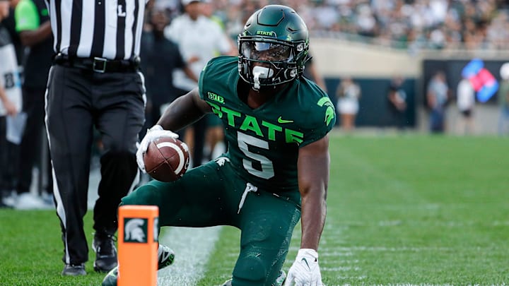 Michigan State wide receiver Germie Bernard (5) runs for a first down against Akron during the second half at Spartan Stadium in East Lansing on Saturday, Sept. 10, 2022.