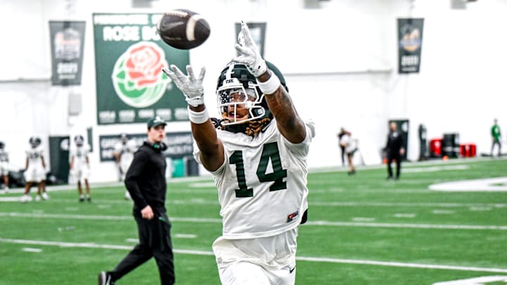 Michigan State's Bryson Williams catches a pass during spring football practice on Tuesday, March 24, 2026, in East Lansing.