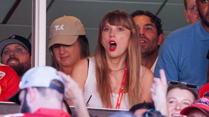 Sep 24, 2023; Kansas City, Missouri, USA; Taylor Swift reacts while watching the Kansas City Chiefs