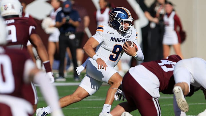 UTEP quarterback Skyler Locklear (9) carries the ball during the game against Missouri State.