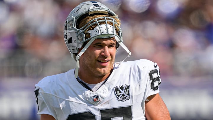 Sep 15, 2024; Baltimore, Maryland, USA; Las Vegas Raiders tight end Michael Mayer (87) looks on during the first half of the game against the Baltimore Ravens at M&T Bank Stadium. Mandatory Credit: Reggie Hildred-Imagn Images
