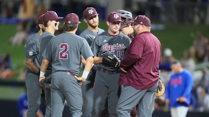 Texas A&M has a mound conference during an NCAA baseball game against Florida at Condron Family Ballpark at Alfred A. McKethan Field in Gainesville, FL on Friday, April 24, 2026. [Alan Youngblood/Gainesville Sun]