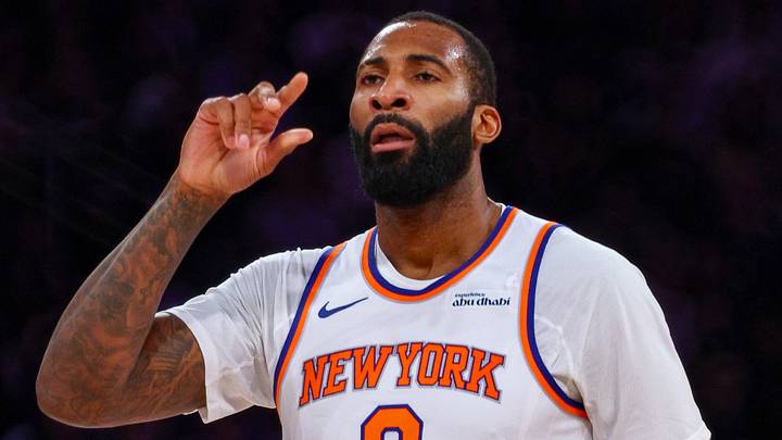 Oct 15, 2026; New York, New York, USA;  (EDITOR'S NOTE: A mirror lens was used to capture this image.)  New York Knicks center Andre Drummond (0) reacts after a basket during the second half against the Toronto Raptors at Madison Square Garden.  Mandatory Credit: Vincent Carchietta-Imagn Images