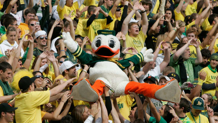 Fans carry the Oregon Duck over their heads during a game at Autzen Stadium in 2007. Fans carry the Oregon Duck over their heads during a game at Autzen Stadium in 2007.