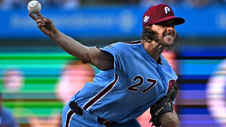 Jun 18, 2026; Philadelphia, Pennsylvania, USA; Philadelphia Phillies pitcher Aaron Nola (27) throws a pitch during the first inning against the New York Mets at Citizens Bank Park. Jun 18, 2026; Philadelphia, Pennsylvania, USA; Philadelphia Phillies pitcher Aaron Nola (27) throws a pitch during the first inning against the New York Mets at Citizens Bank Park.