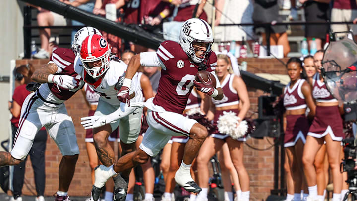 Nov 8, 2025; Starkville, Mississippi, USA; Mississippi State Bulldogs wide receiver Brenen Thompson (0) runs with the ball against the Georgia Bulldogs during the second half at Davis Wade Stadium at Scott Field. Mandatory Credit: Wesley Hale-Imagn Images Nov 8, 2025; Starkville, Mississippi, USA; Mississippi State Bulldogs wide receiver Brenen Thompson (0) runs with the ball against the Georgia Bulldogs during the second half at Davis Wade Stadium at Scott Field. Mandatory Credit: Wesley Hale-Imagn Images